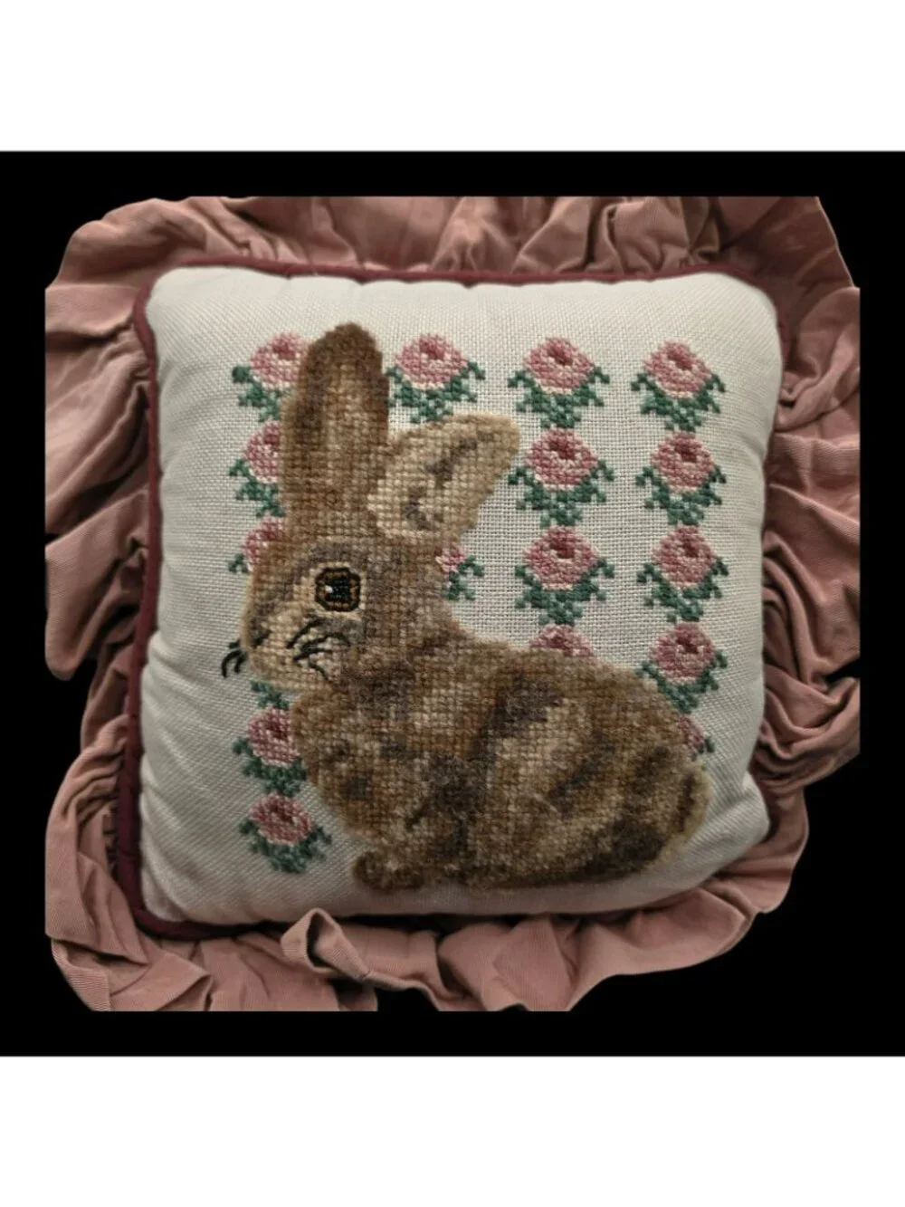 Vintage Bunny Rabbit Needlepoint Pillow Pink Ruffle Floral 10x10